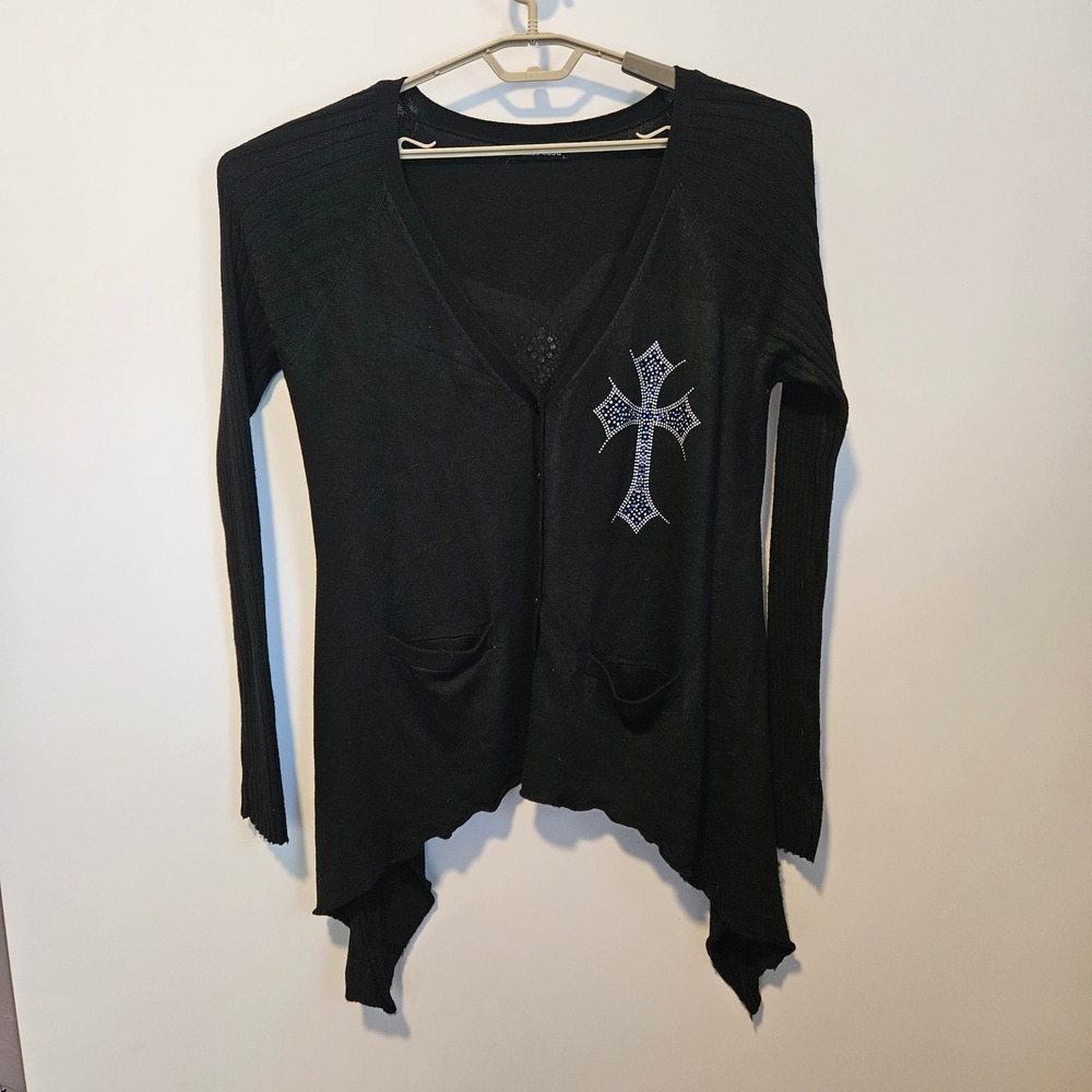 Cardigan Rhinestone Cross Large Black Goth Angelic Sweater Gothic Dark Romantic
